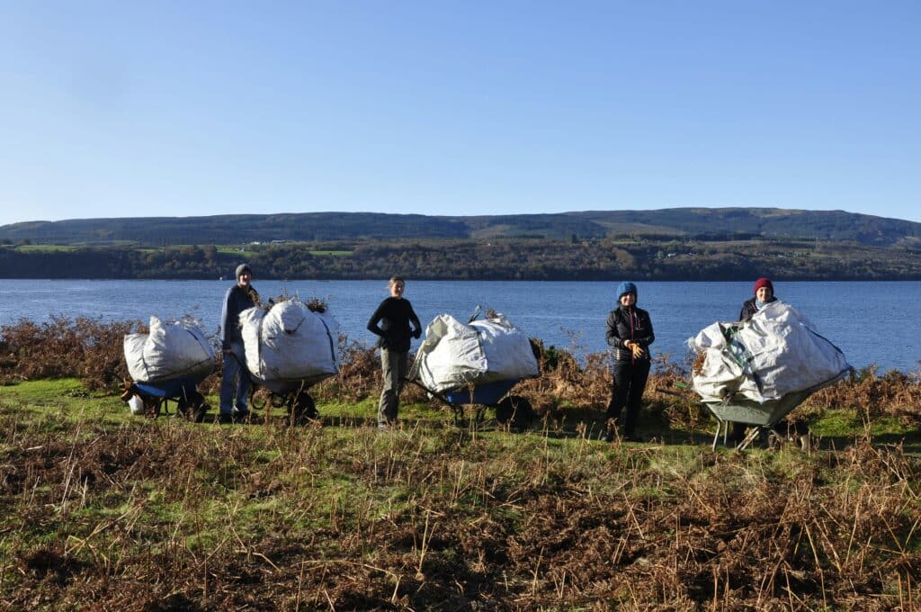 Volunteers collect and dispose of litter beside a river
